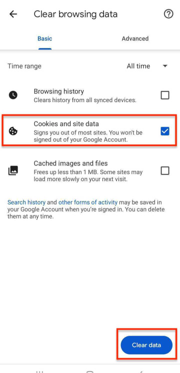 clearing cookies in chrome on an android phone
