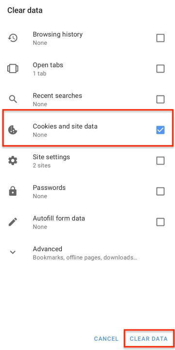 clearing cookies in opera on an android phone