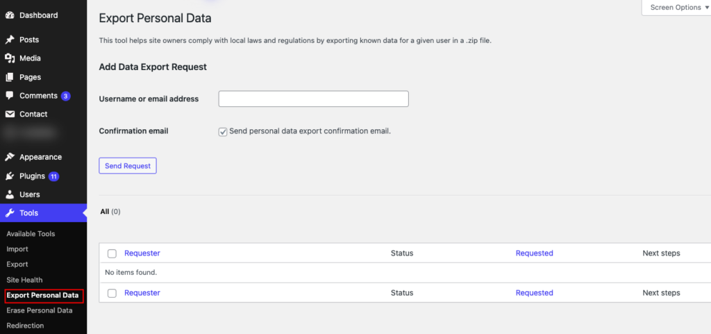 WordPress export personal data option for CCPA