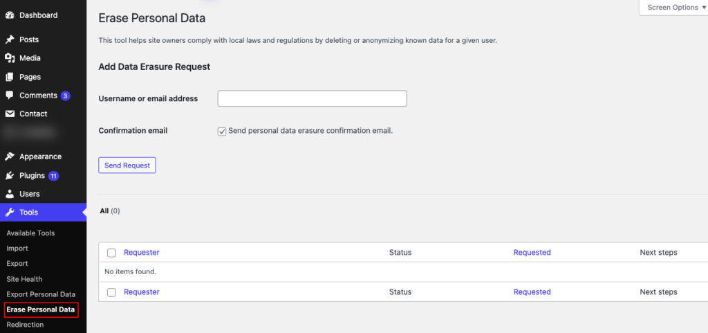 WordPress erase personal data option for CCPA