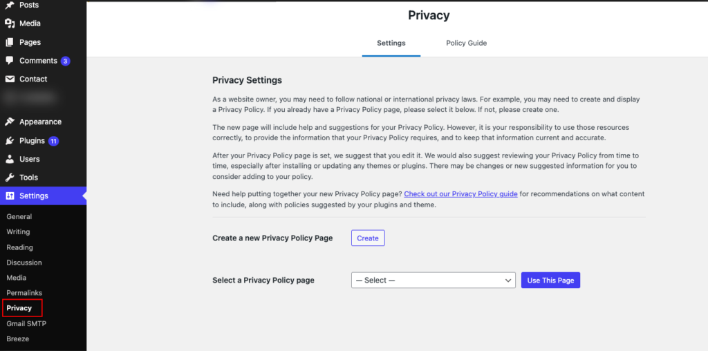 WordPress privacy policy option for CCPA